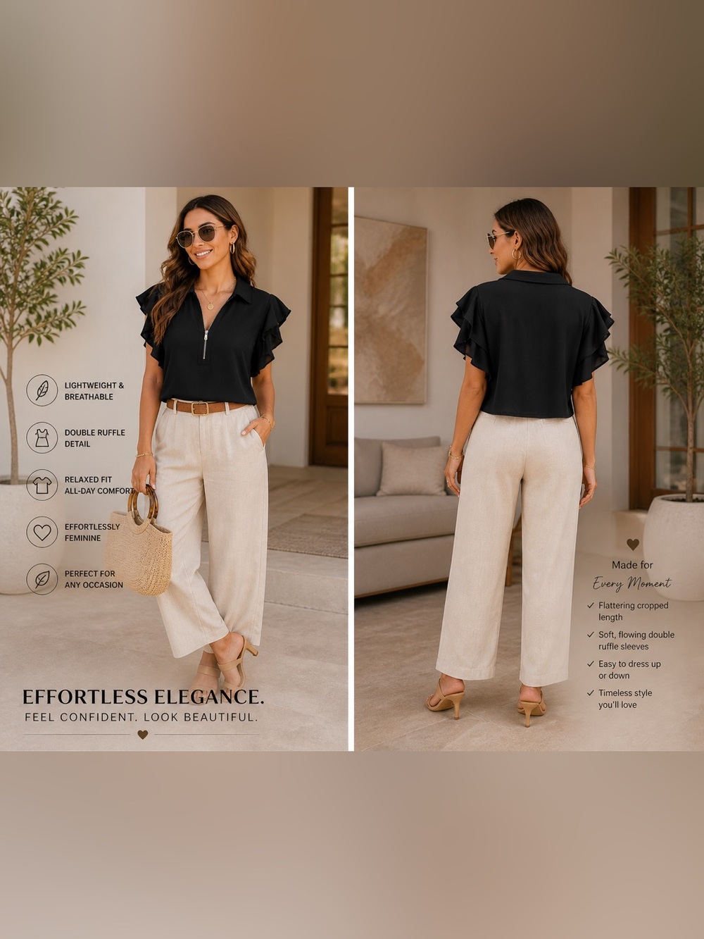 Candie's Black Zip-Front Ruffle Sleeve Polo Top